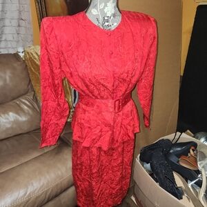 Vintage Red Textured Blouse and Skirt with Belt